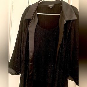 black glitter stretch top with satin collar and cuffs